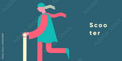 Electric scooter. Set of flat vector illustrations. City transport, simple background image. Man rides a scooter. Patterns.  Ideal for banner, poster or flyer.