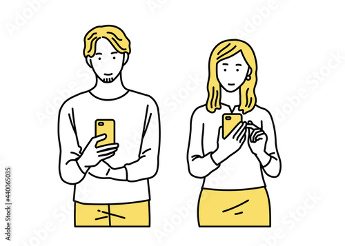 スマホを操作する若い男女のイラスト　カジュアル