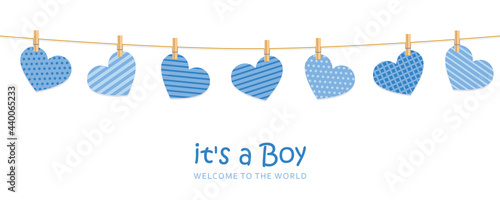 its a boy welcome greeting card for childbirth with hanging hearts