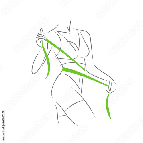 The woman measures her waist with a tailor meter. Outlines of a girl silhouette. Isolated on white.