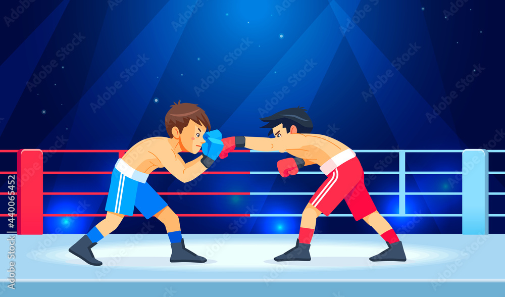 Boxing among boys on ring. Teen boxing, kickboxing children on arena. Children fight with these adult emotions. Popularization of sports and healthy lifestyle. Cartoon vector illustration Boxing among boys on ring. Teen boxing, kickboxing children on arena. Children fight with these adult emotions. Popularization of sports and healthy lifestyle. Cartoon vector illustration