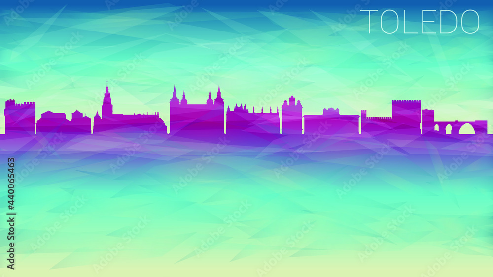 , Toledo Spain Skyline City Silhouette. Broken Glass Abstract Geometric Dynamic Textured. Banner Background. Colorful Shape Composition.