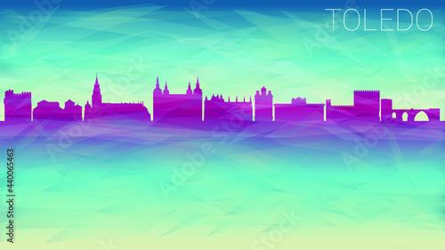 , Toledo Spain Skyline City Silhouette. Broken Glass Abstract Geometric Dynamic Textured. Banner Background. Colorful Shape Composition.