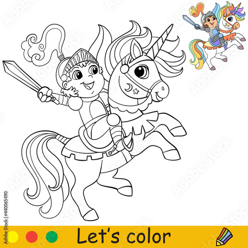 Cartoon little knight in armor riding a unicorn coloring