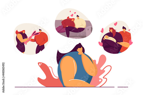 Woman thinking about major events of her married life. Female person remembering child birth and sweet moment of romantic relationship. Memories, love, family concept