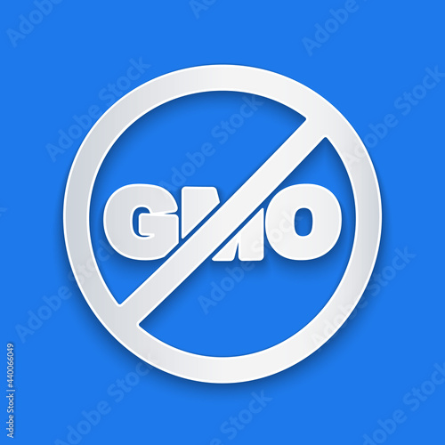 Paper cut No GMO icon isolated Paper cut background. Genetically modified organism acronym. Dna food modification. Paper art style. Vector
