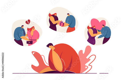 Sad guy remembering relationship with ex-girlfriend. Boyfriend missing sweetheart flat vector illustration. Breakup of romantic relationship, love, memories concept