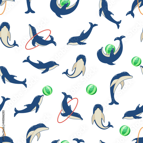 Seamless Pattern dolphins in different poses, vector illustration of marine animals. Painted dolphins swim and players in dolphinarium.