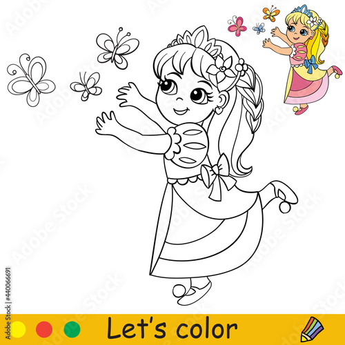 Cartoon cute princess catches beautiful butterflies coloring