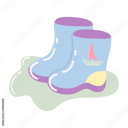 Children's blue rubber boots with a boat. A pair of boots in a cartoon style on a white background. Children's shoes close-up. Vector illustration.