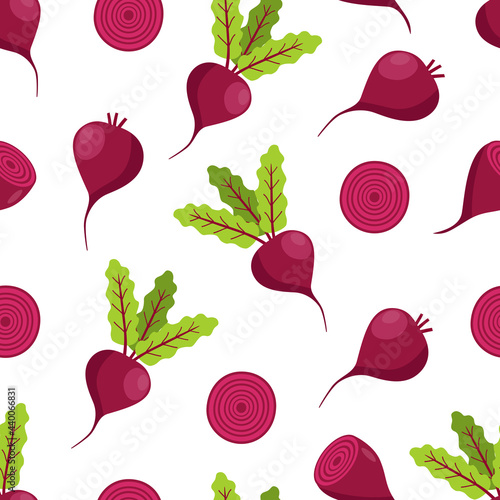 Seamless Pattern Beetroot with leaves and beets in the cut. cartoon vector illustration vegetables.