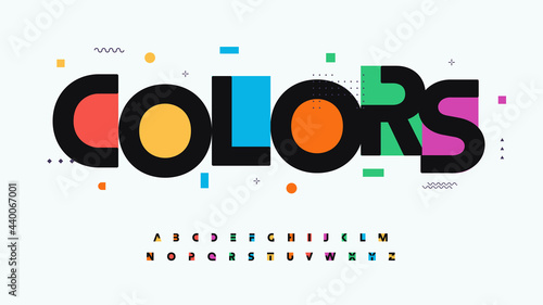 Colors font alphabet letters. Modern logo typography. Color creative art typographic design. Festive letter set for rainbow logo, headline, color cover title, joy monogram. Isolated vector typeset photo