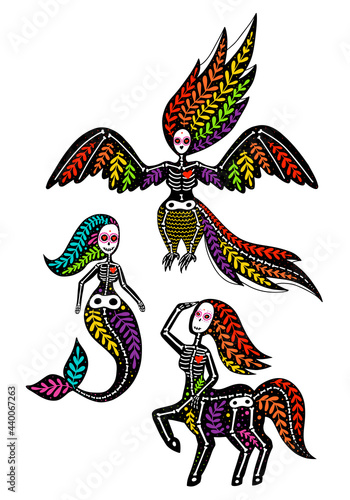Vector colorful set of skeletons of fairytale creatures with floral design, isolated on white background. Dia de los Muertos, Day of the dead or Halloween concept. Mermaid, centaur, bird