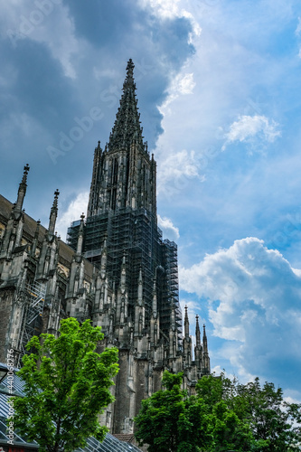 View of Ulm Minster tower - the tallest church in the world, taken on a beautiful summer day.