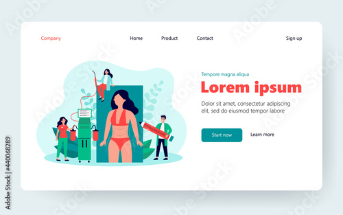 Liposuction procedure flat illustration. Team of doctors and female patient with dotted marks on body and belly. Vector illustration for weight reduction, surgery, beauty concepts