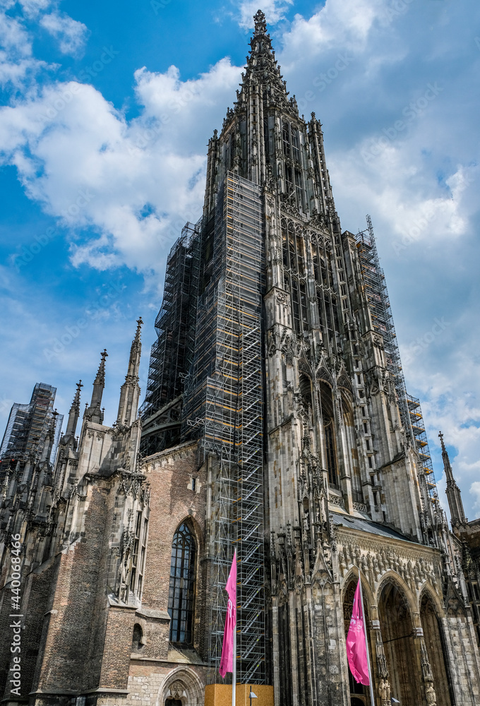 View of Ulm Minster tower - the tallest church in the world, taken on a beautiful summer day.