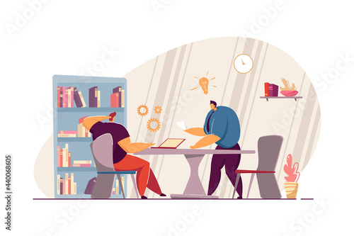 Office worker suggesting creative idea to his boss. Cartoon director and junior characters discussing ideas in workplace flat vector illustration. Teamwork, solution, brainstorming concept