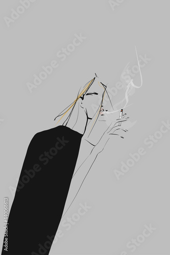 Portrait of smoking woman. Illustration in sketch style. Vector