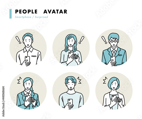 スマホを操作する若い男女のベクターイラストセット　驚いた顔