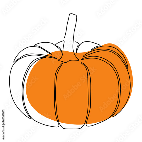 Continuous one line drawing pumpkin. Vector illustration. Black line art on white background. Cartoon pumpkin isolated on white background with colorful spots. Vegan concept