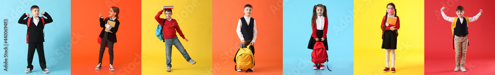 Group of little school children on color background Group of little school children on color background