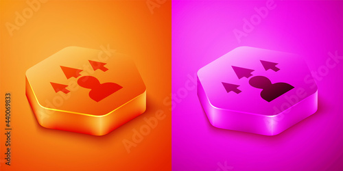 Isometric Web design and front end development icon isolated on orange and pink background. Hexagon button. Vector