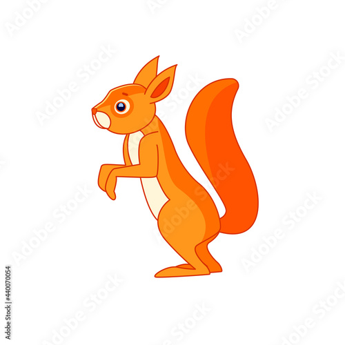 Cute Squirrel stands and watches curiously. Cartoon character of a mammalian rodent. A wild forest creature with orange fur. Side view. Vector flat illustration isolated on a white background