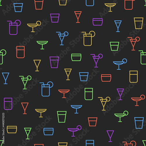 Seamless pattern of neon cocktail alcoholic drinks glass outlines in flat style. ready to use for cloth, textile, wrap and other.