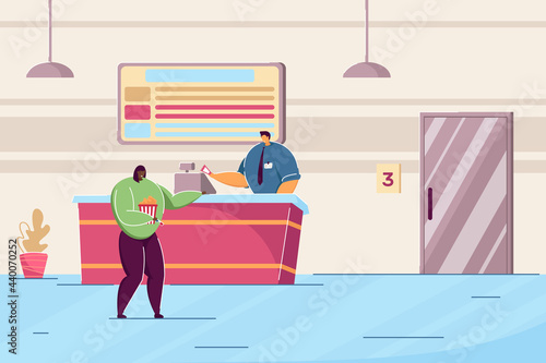Cinema worker and woman at counter. Flat vector illustration. Girl with popcorn buying ticket by cashier, holding 3D glasses for watching movie. Entertainment, theatre, advertising, art concept