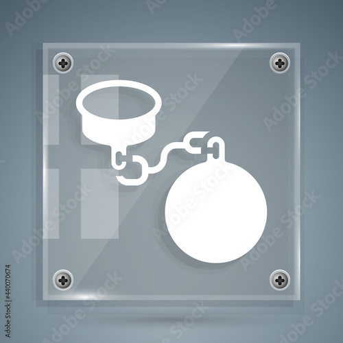 White Ball on chain icon isolated on grey background. Square glass panels. Vector