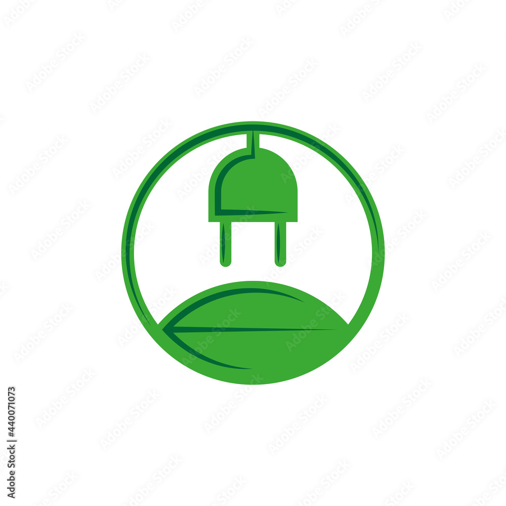 Green leaf with electric plug alternative energy round logo, renewable energy clean sources concept. Green leaf with electric plug alternative energy round logo, renewable energy clean sources concept.