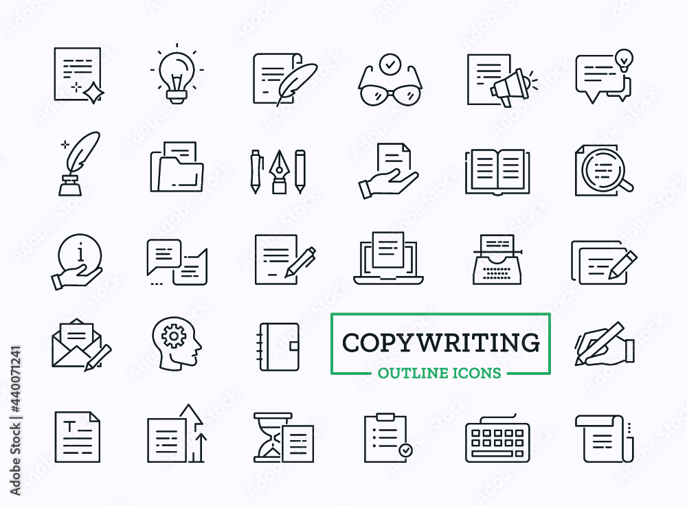 Vector copywritting thin line icons. Simple flat symbols of pen, idea, document, book isolated on white