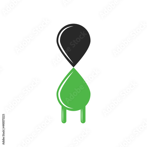 Green energy instead of fossil fuels eco logo concept gasoline car replacement with electric cars, black drop of oil and green drop with electric plug.
