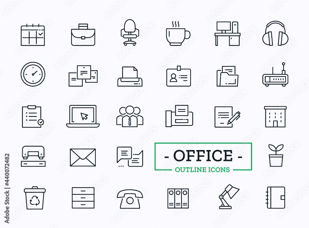Vector office icons. Thin line signs of team, printer, fax, mail, clock, paper stickers, computer, chat, headphones
