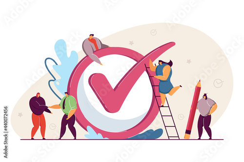 Business team realizing plan, achieving goal. Flat vector illustration. Tiny people, workers checking giant checkmark, making checklist done. Job, plan, teamwork, business concept for banner design