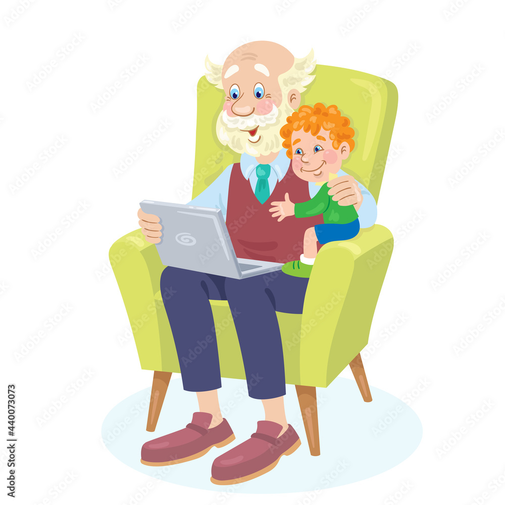 Grandfather and grandson are sitting in a chair with a laptop. They can watch movies, chat or read. In cartoon style. Isolated on white background. Vector flat illustration. Grandfather and grandson are sitting in a chair with a laptop. They can watch movies, chat or read. In cartoon style. Isolated on white background. Vector flat illustration.