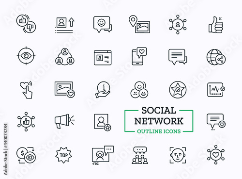 Social Network Icons Set. Vector Thin Line Elements of Profile, Connection, Information, Rating 