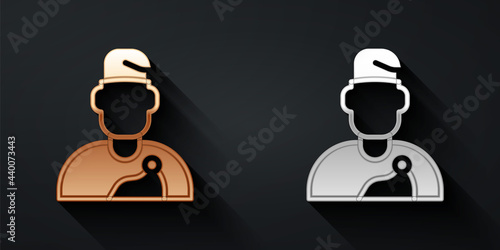 Gold and silver Wizard warlock icon isolated on black background. Long shadow style. Vector