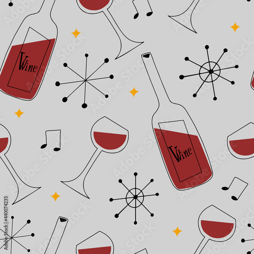 Seamless pattern in mid century modern style with wine bottle and glass