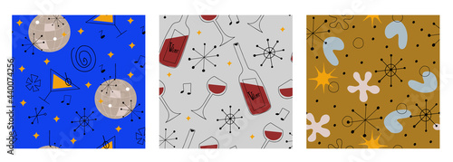 Set of three seamless patterns in mid century modern style with disco ball, martini glasses, wine bottle and wineglasses, abstract atom shapes