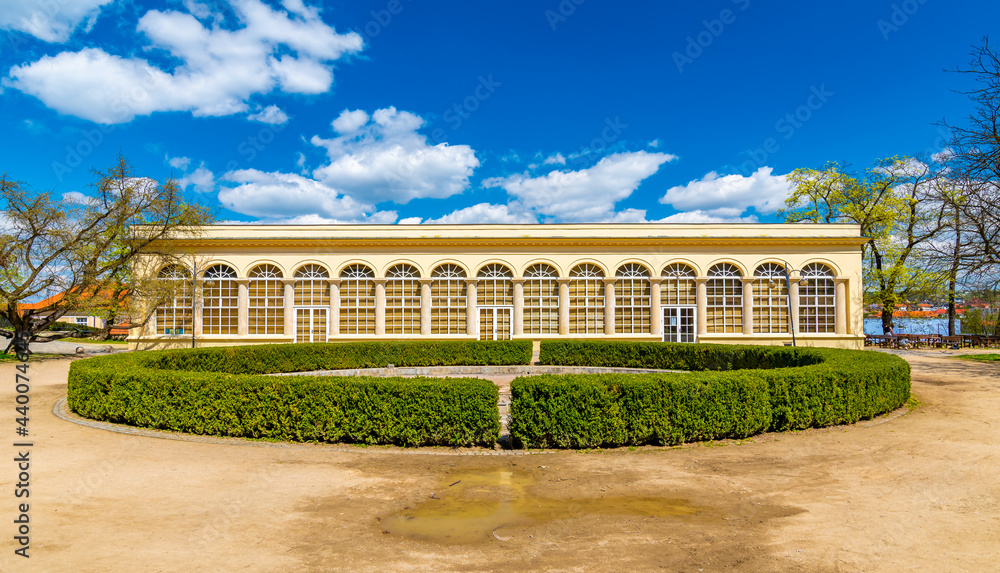 Obraz premium Greenhouse near Boskovice castle, South Moravia region - Czech Republic. Ancient historical heritage. Summer day, blue sky.