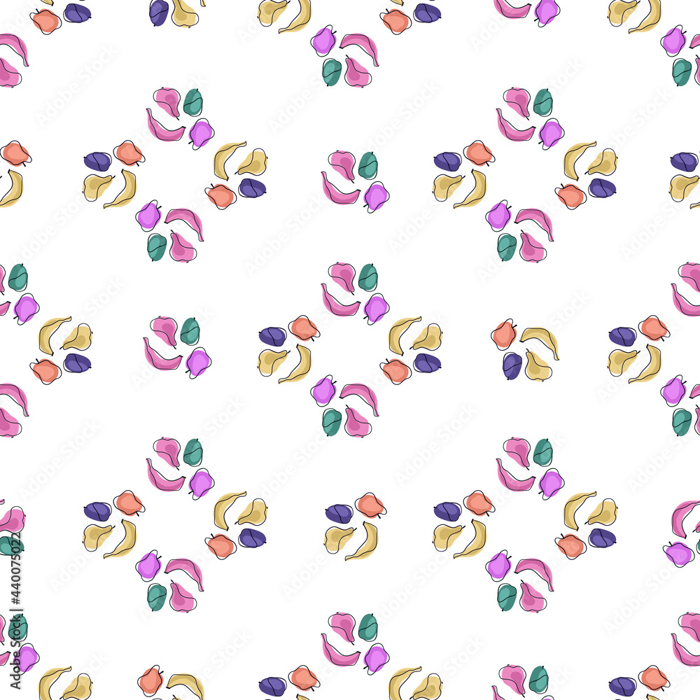 Geometric style food seamless pattern with abstract fruits: bananas, apples, plums, pears. Colorful organic print. Geometric style food seamless pattern with abstract fruits: bananas, apples, plums, pears. Colorful organic print.
