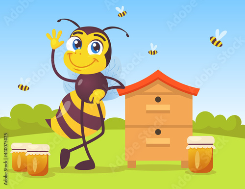 Cute bee character leaning on wooden beehive in countryside. Huge black and yellow insect waving, jars of honey, honeybees flying outside cartoon vector illustration. Agriculture, beekeeping concept