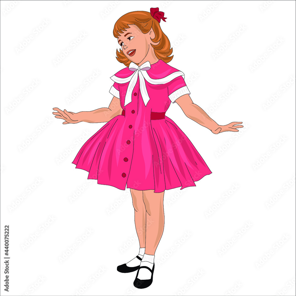 A cute little girl in a very fashionable fluffy pink dress. Vector illustration. Fashionable child isolated on white background. A cute little girl in a very fashionable fluffy pink dress. Vector illustration. Fashionable child isolated on white background.