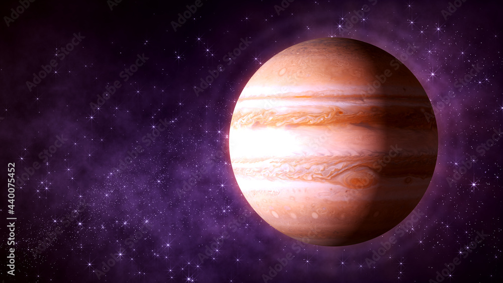 Jupiter Planet And The Glow Of The Atmosphere On Dark Purple Shiny Starry Outer Space With Nebula Cloud Background 3d Illustration Jupiter Planet And The Glow Of The Atmosphere On Dark Purple Shiny Starry Outer Space With Nebula Cloud Background 3d Illustration