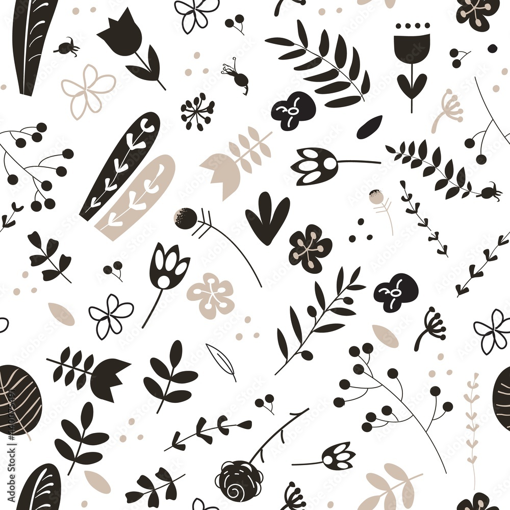 Doodle seamless pattern with forest and meadow plants. Black and beige on a white background. Hand drawn abstract Doodle seamless pattern with forest and meadow plants. Black and beige on a white background. Hand drawn abstract