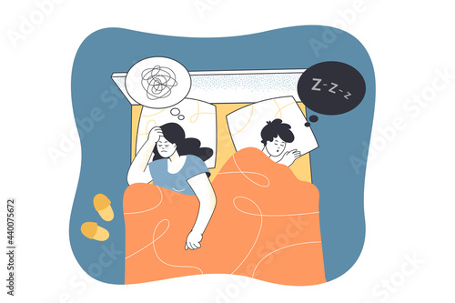 Married couple in bed at night. Sad wife having problems with sleep because of noise, snoring husband flat vector illustration. Insomnia, bedtime concept for banner, website design or landing web page