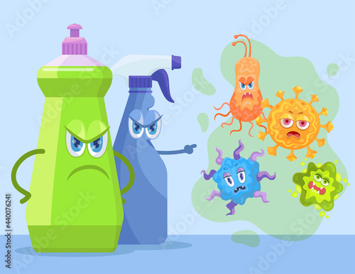 Angry detergent characters scolding bacteria. Disinfectant chemical products for laundry or toilet preventing infection, germs cartoon vector illustration. Virus prevention, hygiene concept