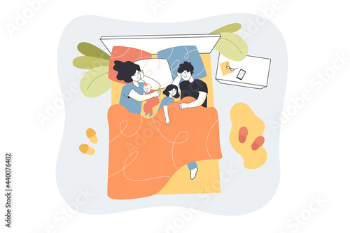 Happy family with children lying asleep in bed. Mom, dad and kids sleeping together at night flat vector illustration. Family, relationship concept for banner, website design or landing web page