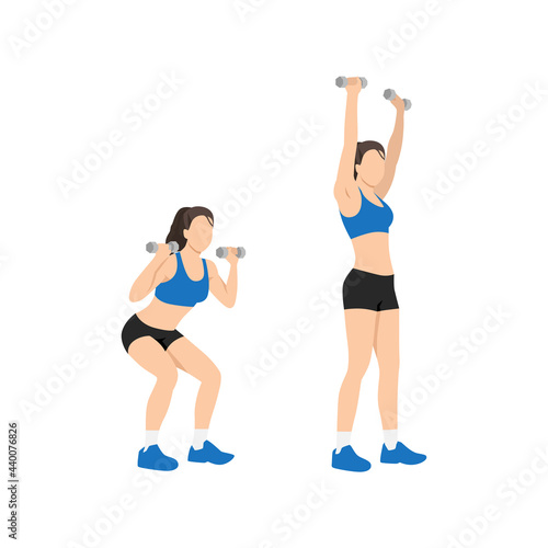 Woman doing Dumbbell squat thrusters. Squat to overhead press exercise. Flat vector illustration isolated on white background